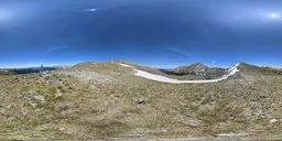 360-degree panoramic HDR of sunlit mountain terrain with clear skies, ideal for realistic scene lighting.