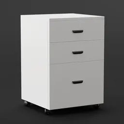 Highly detailed white 3D file cabinet model on casters with three drawers for Blender rendering.