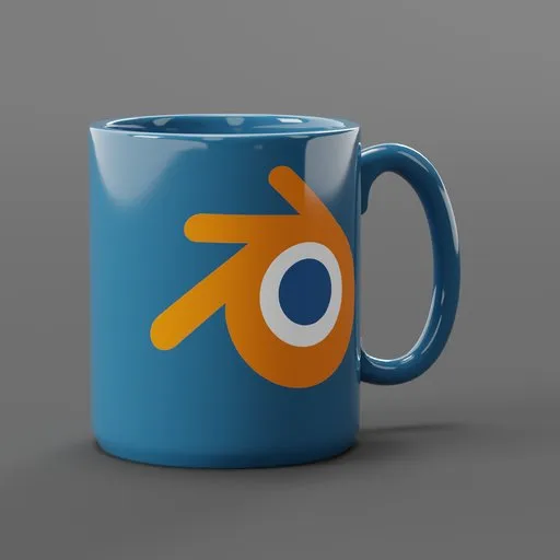 Customizable blue 3D printed mug with interchangeable logo, designed in Blender, suitable for varied color schemes.