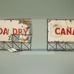 "Vintage and weathered billboard featuring iconic Canada Dry and beer signs, portraying the nostalgic charm of the 1940s. This high-quality Blender 3D model showcases authentic labels, worn decay texture, and expert craftsmanship by a senior environment artist. Perfect for displaying recipes, creating damaged structures, or enhancing cosmetic scenes with a touch of rust."
