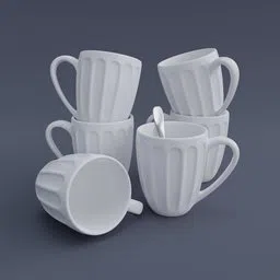 Detailed 3D-rendered white mugs with grooved design, one with spoon, compatible with Blender for digital tableware scenes.