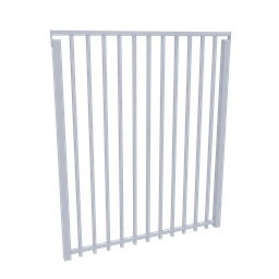 "Get the perfect 3D model of a painted white aluminum fence for your Blender 3D projects. This intricate design features metal bars, railing, and an intricate border, making it ideal for realistic renders. Created with Blender 3D software, it is sure to impress."