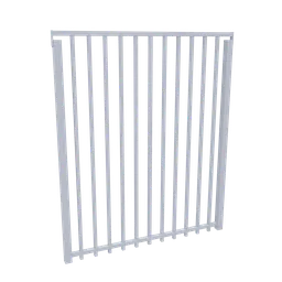 "Get the perfect 3D model of a painted white aluminum fence for your Blender 3D projects. This intricate design features metal bars, railing, and an intricate border, making it ideal for realistic renders. Created with Blender 3D software, it is sure to impress."