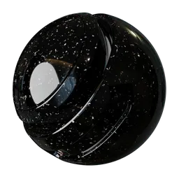 Highly reflective black granite texture with scattered flecks for 3D rendering in Blender and PBR applications.