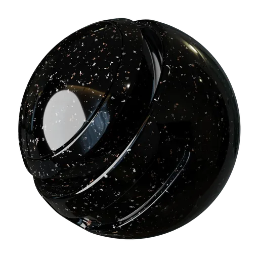 Highly reflective black granite texture with scattered flecks for 3D rendering in Blender and PBR applications.