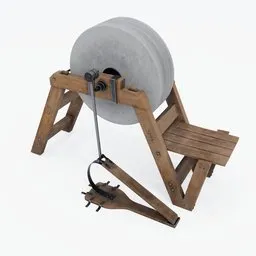 "Medieval grinding machine with wooden chair, cement ball, and waterwheels. Rigged model with easy driver for Blender 3D. Perfect for creating historical weapon designs."