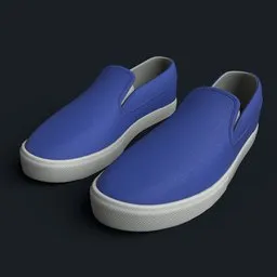 Highly-detailed 3D model render of blue slip-on sneakers, suitable for Blender animation and rendering.