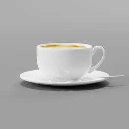Realistic 3D-rendered coffee cup with saucer and spoon, Blender model, high-quality texturing, simple grey backdrop.
