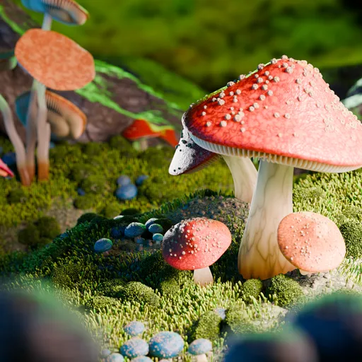 Detailed 3D render of diverse mushrooms amidst forest flora, suitable for animation and creative projects.