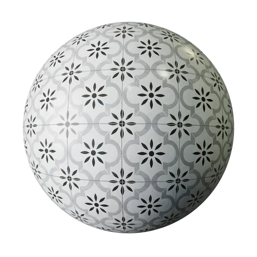 High-detail grayscale PBR material for 3D modeling with a floral tile texture for Blender and other applications.