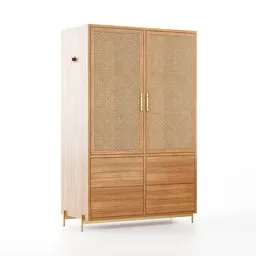 "Indochine wardrobe, a 3D model for Blender 3D, featuring a wooden cabinet with a rattan door and drawer construction. Elegant gold body with a hexagonal pattern design, inspired by the 1990s bedroom furniture. Face shown in a side profile view, made in 2019."
