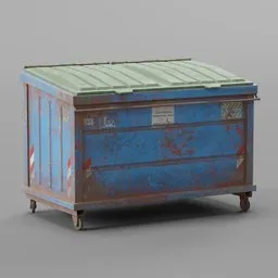 Detailed 3D rendering of a large, weathered blue garbage dumpster with green lid for Blender urban environment.