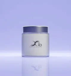 3D-rendered luxury skincare cream jar in a virtual interactive tutorial scene.