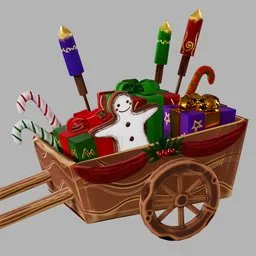 "Wooden New Year's holiday cart filled with gifts, firecrackers, and delicious treats such as gingerbread lollipops and berries. Delightfully decorated with festive fabrics and classic Christmas ornaments. A stunning 3D model designed for use with Blender 3D."