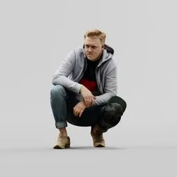 Squatting guy in hoodie