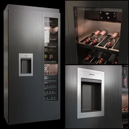 Highly detailed 3D model of a modern GAGGENAU 400-series fridge rendered with Blender cycles, showing interior and exterior views.