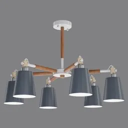 Scandinavian-style Vard B-6 chandelier 3D model with wooden features and modern lamps for Blender rendering.