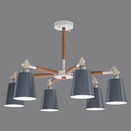 "Scandinavian wooden chandelier with 5 hanging lamps in gun metal grey - Vard b 6 3D model for Blender 3D."