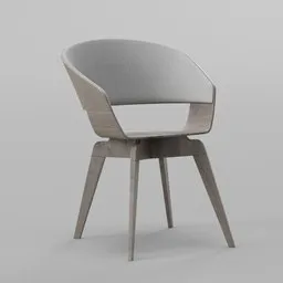 "Modern grey dining chair with elegant wooden legs and plush fabric back, rendered in Blender 3D. Featured on ArtStation and perfect for product design renderings and catalogues."