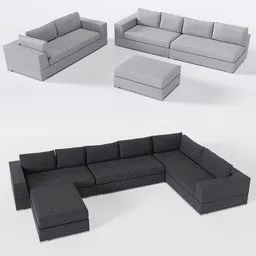 Detailed modular sofa 3D representation in grey, showcasing different configurations and angles, compatible with Blender.
