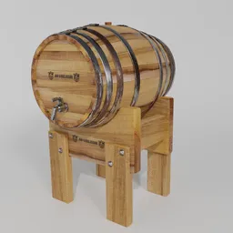 Detailed 3D model of a realistic wooden barrel with metal rings on a stand with a spigot, perfect for Blender rendering.