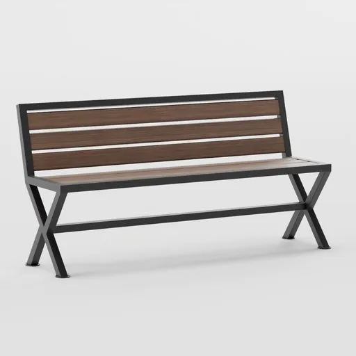 High-resolution 3D model of a modern bench with metal frame and wooden slats, optimized for Blender rendering.