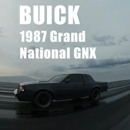 "1987 Buick Grand National Regal GNX 3D model for Blender 3D. Rendered with RTX technology on a canvas inspired by Dennis Miller Bunker. Featuring engine details and an elegant design, perfect for racing enthusiasts."