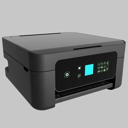 "3D model of a sleek black printer/scanner with a blue screen, inspired by Luo Mu and Feng Zhu. Photorealistic and features centered radial design, brass and steam technology, and cyber security polygon. Openable and closeable, available in FBX format for use in Blender 3D."