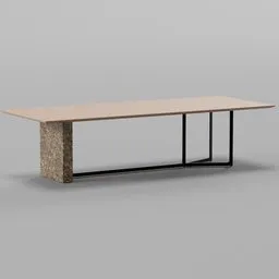 Elegant 3D-rendered eight-seater dining table, featuring wood, marble texture, and metal frame, suitable for Blender 3D modeling.