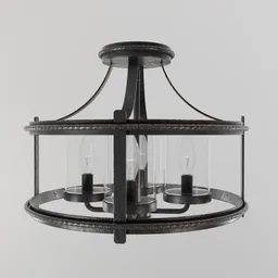 "Rustic Ceiling Light 6, a 3D model for Blender 3D. Featuring candles inside a black resin cage under a glass dome with a gambrel roof, in the style of Bolade Banjo. Rendered in Octane with carbon black and antique gold finishes, perfect for adding a rustic touch to your scene."