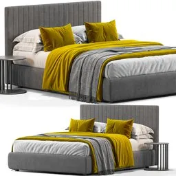 "3D model of a stylish bed with yellow and grey blanket by Bolzan Letti, optimized for Blender 3D software. Full details, symmetrical full body rendering, and gunmetal grey color. Dimensions of 176 x 224 x 113 H and 492,643 polys."