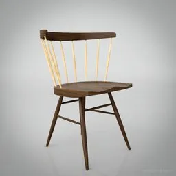 3D model of a wooden Windsor-style chair with distinct grain patterns, designed for Blender rendering.