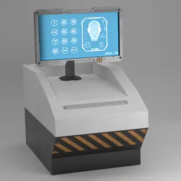 "Scifi Modular Table Biometric Monitor for Blender 3D - Secure and Rustic Design with Currency Symbols and Visor Screen. Perfect for Architecture Concepts and Hard Surface Art - Made in 2019 by Aquirax Uno."