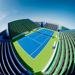 3D model of an outdoor private tennis court stadium with seating under a clear sky.