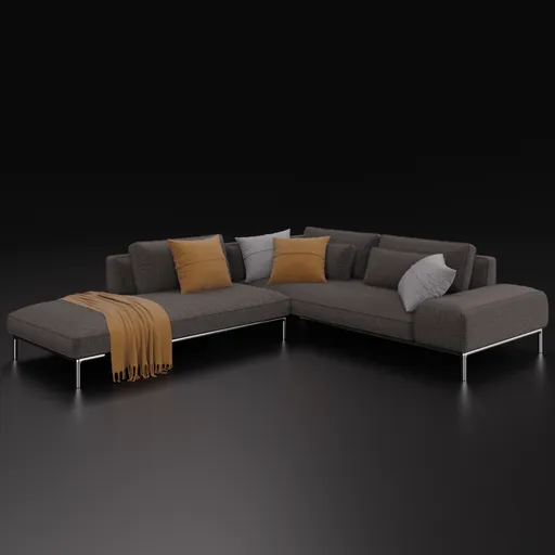 Detailed 3D sectional sofa model with customizable fabric shader, compatible with Blender 4.0.