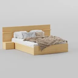 Minimalist wooden 3D model bed with bedding, designed for Blender rendering, suitable for SS/Q/K sizes.