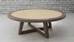 Round wooden table 3D model with crossed legs design, ideal for Blender rendering and interior visualization.