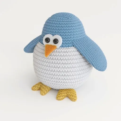 Handcrafted-style 3D knitted penguin model, ideal for Blender 3D winter scenes or animations.