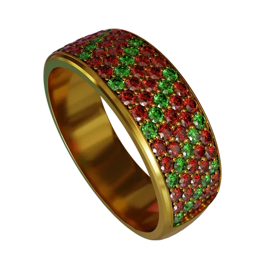 High-detail 3D model of a golden ring with red and green gemstones, optimized for Blender rendering.