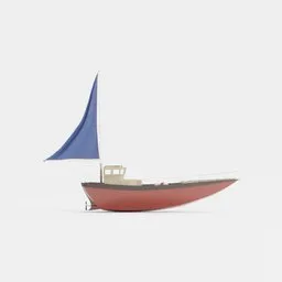 "Detailed Blender 3D model of a red and white sailboat with a blue sail, optimized for recreation-themed rendering projects."