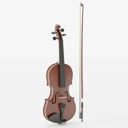 Realistic 3D violin and bow model with detailed textures, suitable for Blender rendering and animation projects.
