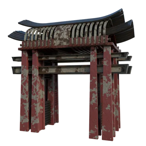 Detailed Blender 3D model of a traditional Japanese Torii shrine gate with stone pillars and weathered wood.