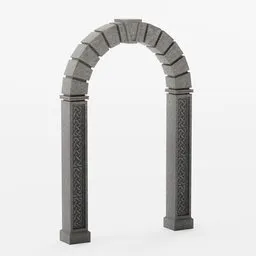 Realistic low-poly 3D stone arch with intricate Celtic knot designs, compatible with Blender for architectural visualization.
