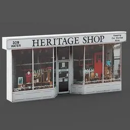 "Low-poly 3D model of a shop front with symmetrical die cut sticker and detailed scenery, perfect for game backdrops. Created with Blender 3D and based on an architectural photo of an English heritage building with volumetric lighting."