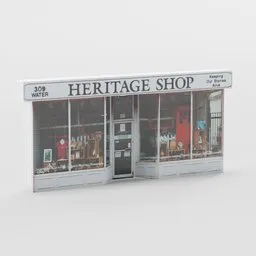 "Low-poly 3D model of a shop front with symmetrical die cut sticker and detailed scenery, perfect for game backdrops. Created with Blender 3D and based on an architectural photo of an English heritage building with volumetric lighting."