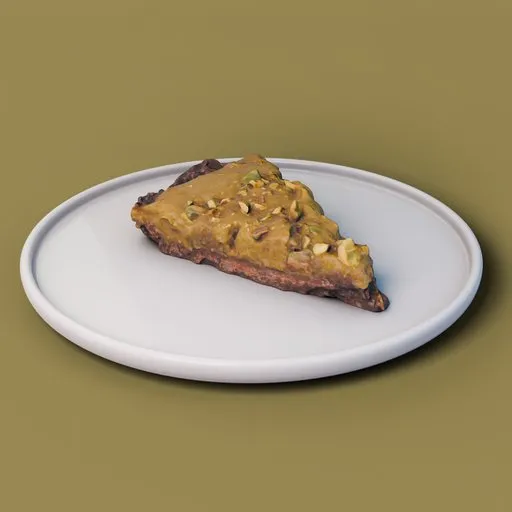 Highly detailed 3D pistachio cake slice model on a white plate, ideal for blender rendering and food-related scenes.