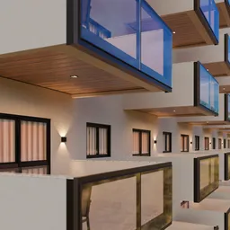 Detailed 3D model of resort balconies with wood accents and lighting for architectural visualization in Blender.