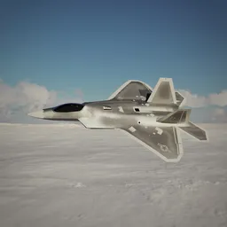 "3D model of the Lockheed Martin F-22 Raptor fighter jet designed for Blender 3D software. This automated defense platform features white plastic armor and goldsrc raptors, as depicted in game screens and Darpa prototypes. Created by Frederik Vermehren and Michael Flohr with Octane Render."