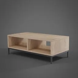 "Modern, openable coffee table with metal legs and spacious interior - ideal for storage. Created with Blender 3D software, this wooden furniture piece features a sleek design inspired by Mads Berg. Perfect for contemporary living spaces looking for smart storage solutions."