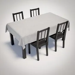 Detailed 3D render of four black chairs around a table with a draped white cloth, ideal for Blender 3D interior modeling.